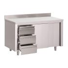 Gastro M werktafel met 3 laden links, schuifdeuren en achteropstand 88x100x70cm