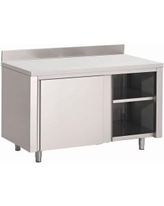 Gastro M RVS werktafel met schuifdeuren en achteropstand 88x140x70cm