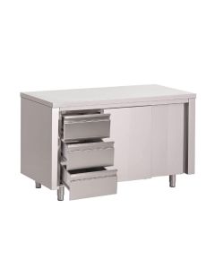 Gastro M RVS werktafel met schuifdeuren en 3 laden 88x160x70cm