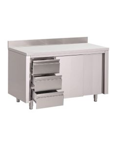 Gastro M werktafel met 3 laden links, schuifdeuren en achteropstand 88x100x70cm